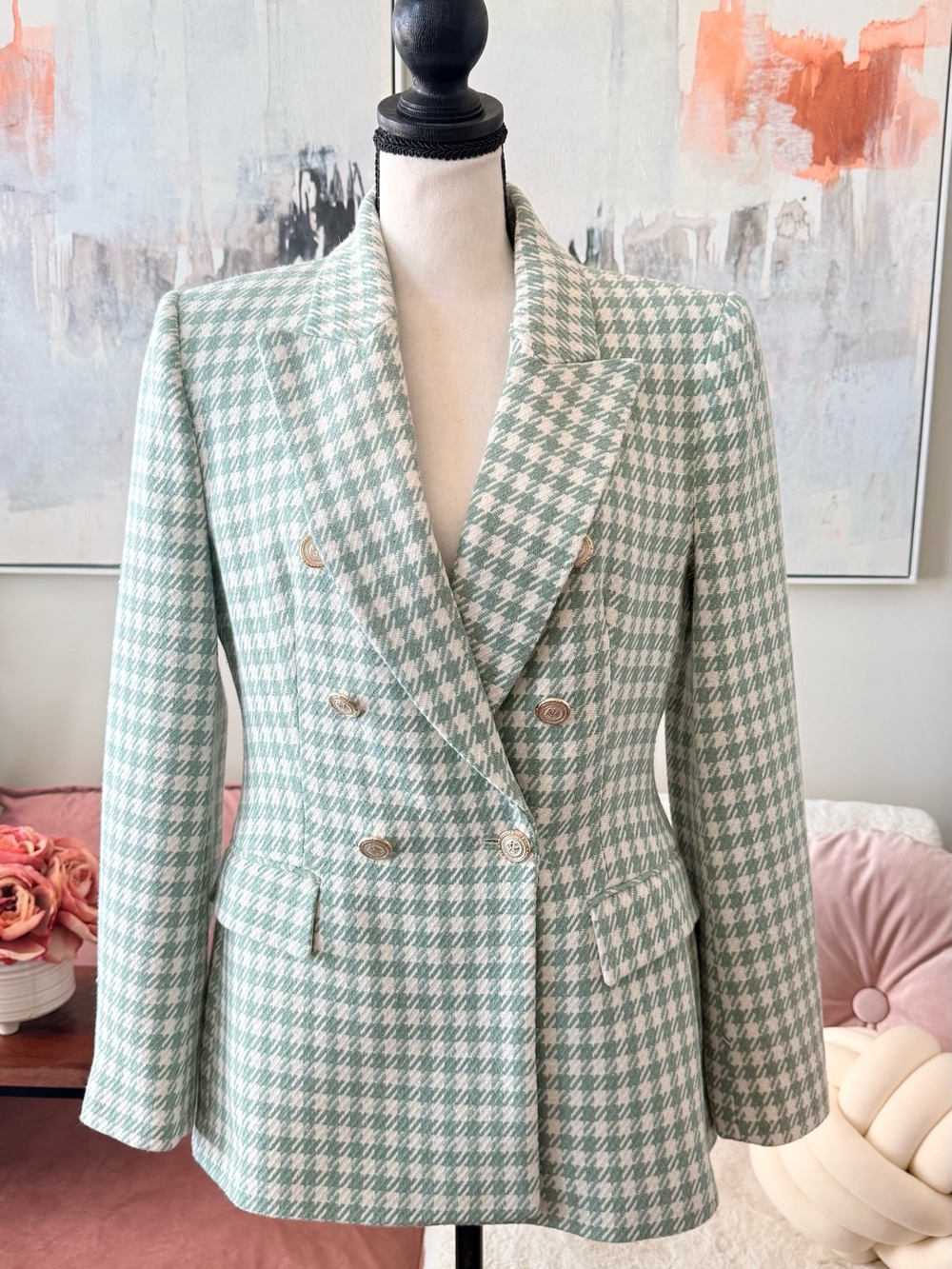 Zara Mint Green and White Houndstooth Double-Breasted Blazer